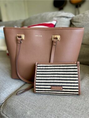 Anne Klein Brown Tote Bag with Striped Wristlet